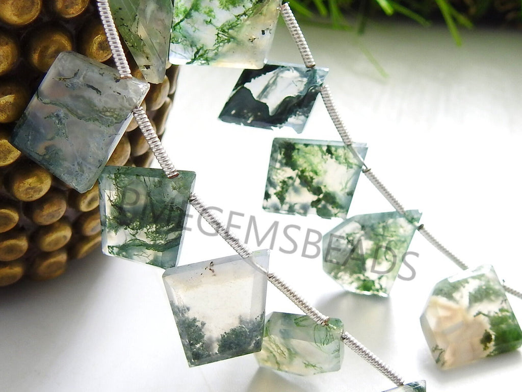 Green Moss Agate Faceted Bead Fancy Slice Briolette For Making Jewelry 14Piece Strand 15To10MM Long Approx Wholesaler Supplies Craft Supply