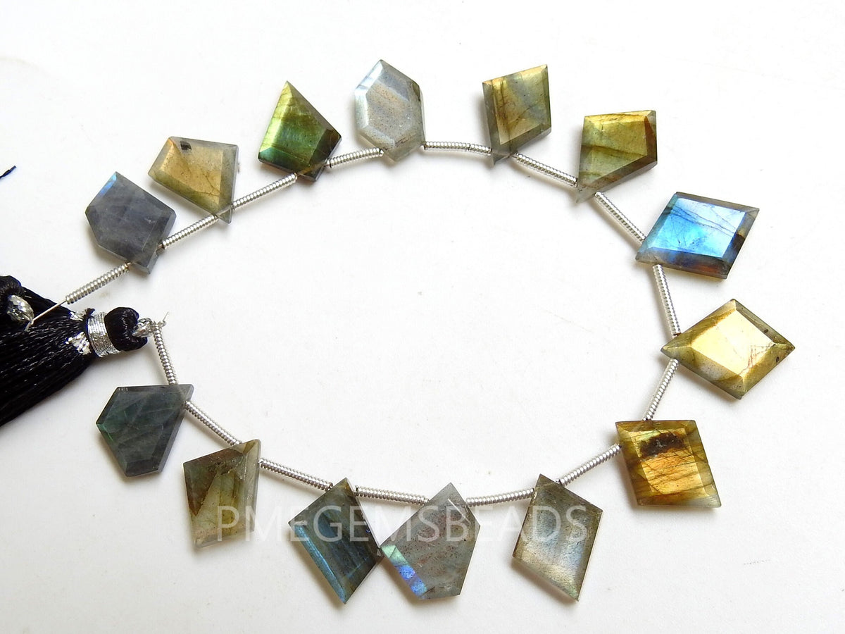 Labradorite Faceted Slice Beads, Multi Fire Briolette Pendant 14 Pc Strand 10mm-15mm, Wholesale Natural Blue Flash Stone for DIY Jewelry