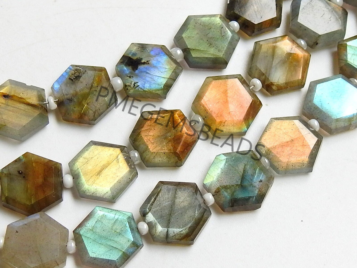 Labradorite Faceted Bead, Multi Fire Hexagon Shape, 8Inch Strand, 10-11MM Approx, Jewelry Making Wholesaler Supplies, Natural Gray Gemstone