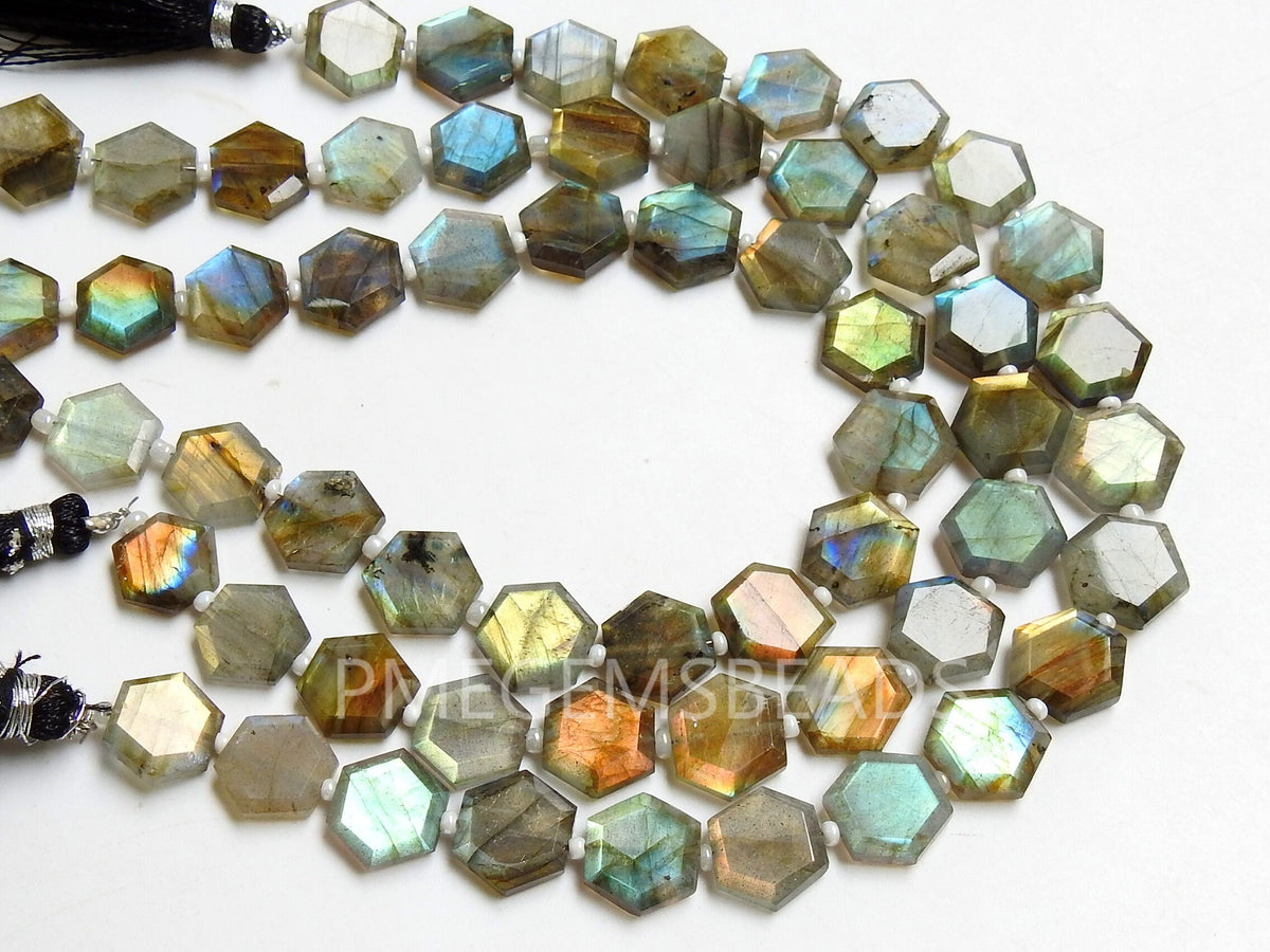 Labradorite Faceted Bead, Multi Fire Hexagon Shape, 8Inch Strand, 10-11MM Approx, Jewelry Making Wholesaler Supplies, Natural Gray Gemstone