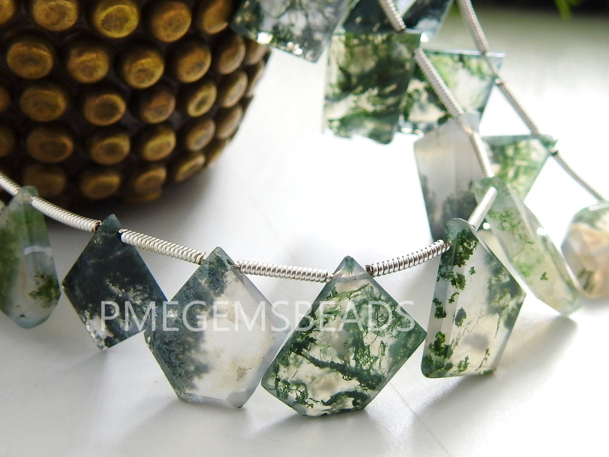 Green Moss Agate Faceted Bead Fancy Slice Briolette For Making Jewelry 14Piece Strand 15To10MM Long Approx Wholesaler Supplies Craft Supply