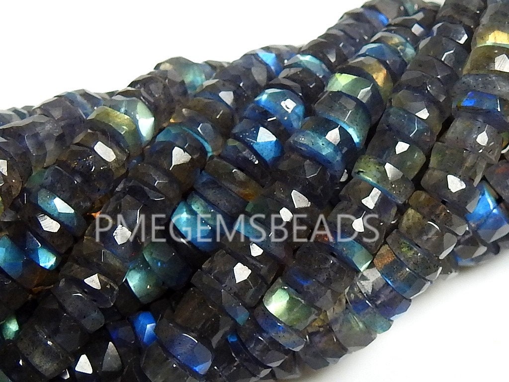 Labradorite Faceted Coin Bead Tire Wire Button Flashy Fire Gemstone Strand 8 Inch