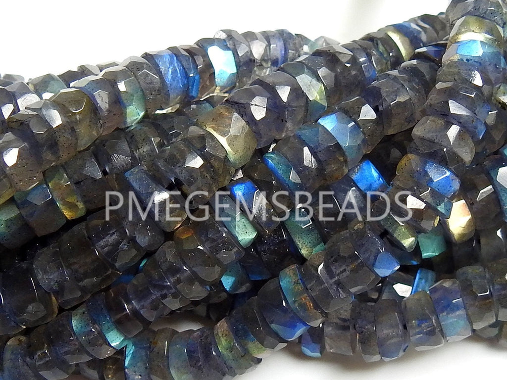 Labradorite Faceted Coin Bead Tire Wire Button Flashy Fire Gemstone Strand 8 Inch