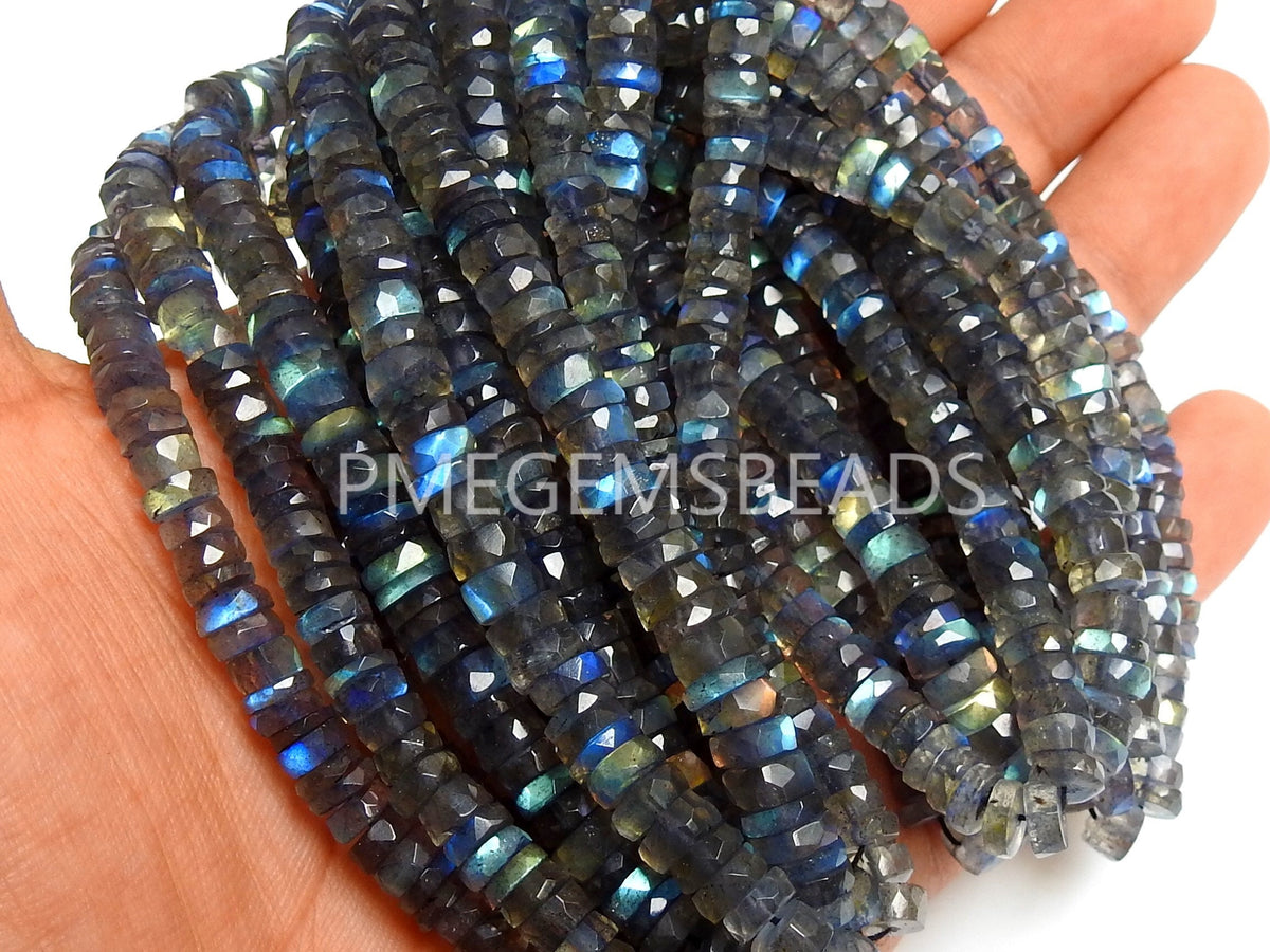 Labradorite Faceted Coin Bead Tire Wire Button Flashy Fire Gemstone Strand 8 Inch