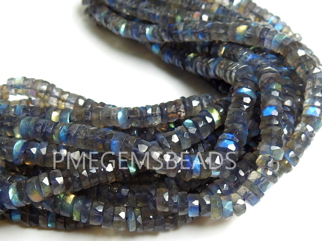 Labradorite Faceted Coin Bead Tire Wire Button Flashy Fire Gemstone Strand 8 Inch