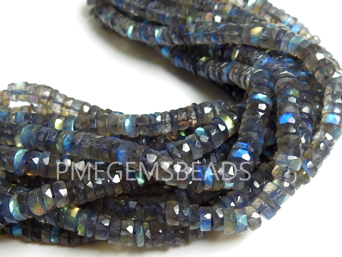 Labradorite Faceted Coin Bead Tire Wire Button Flashy Fire Gemstone Strand 8 Inch