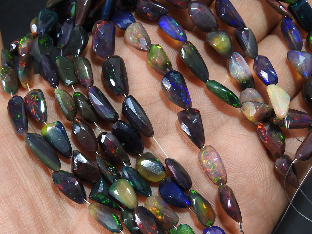 Faceted Ethiopian Black Opal Bead Strand, Multi Fire Black Opal Nugget Beads, Natural Precious Opal Rondell for Jewelry Making, 8-inch