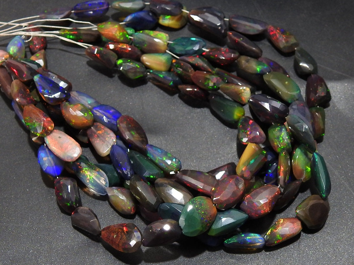 Faceted Ethiopian Black Opal Bead Strand, Multi Fire Black Opal Nugget Beads, Natural Precious Opal Rondell for Jewelry Making, 8-inch