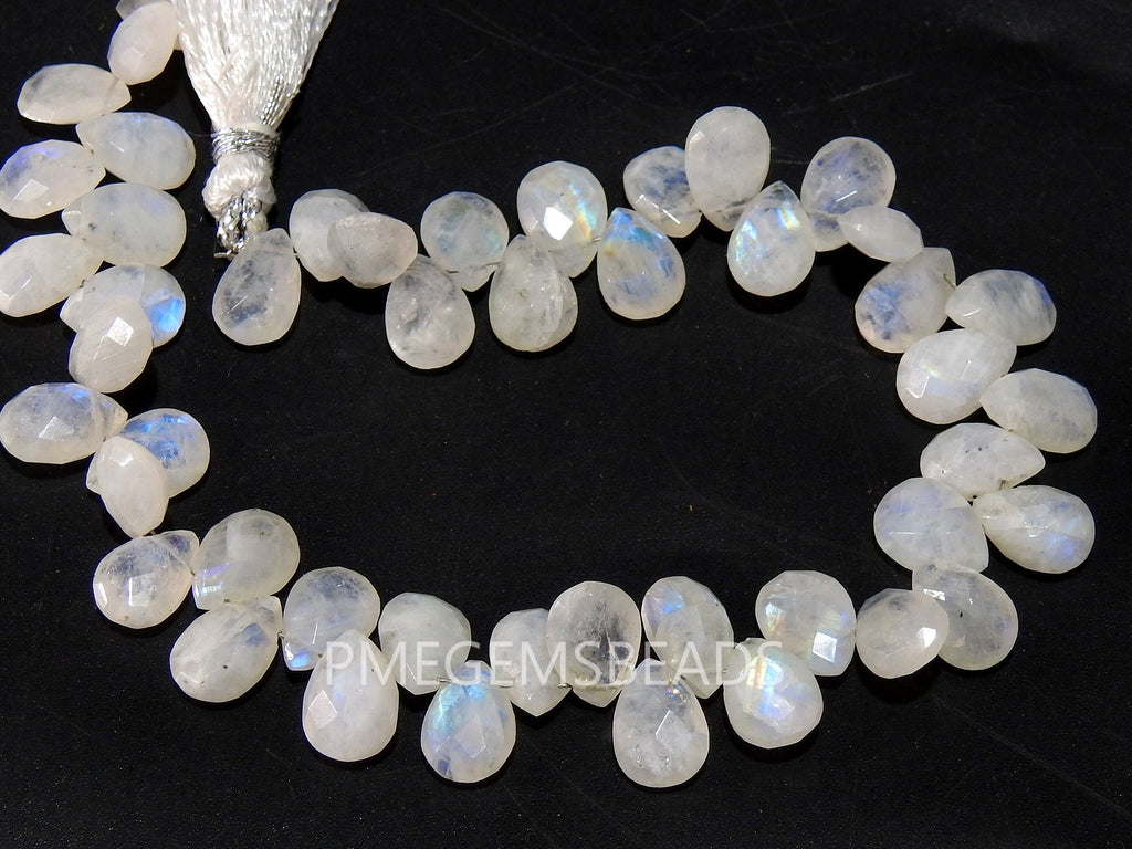 White Rainbow Moonstone Faceted Drop Beads, 10x7mm Multi Fire Teardrop Loose Stones, 8 Inch Strand for Handmade Jewelry and Wire Wrapping