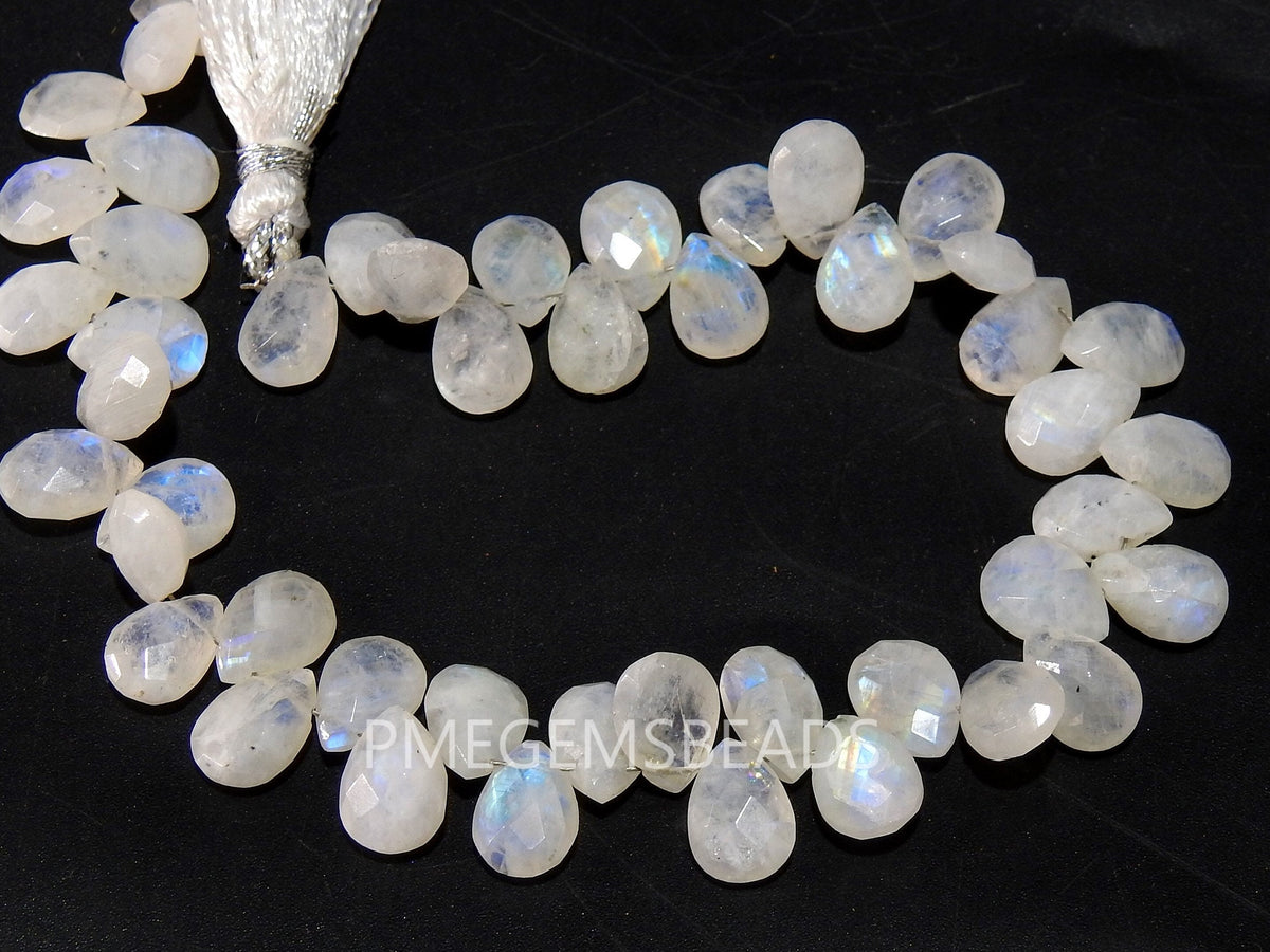 White Rainbow Moonstone Faceted Drop Beads, 10x7mm Multi Fire Teardrop Loose Stones, 8 Inch Strand for Handmade Jewelry and Wire Wrapping