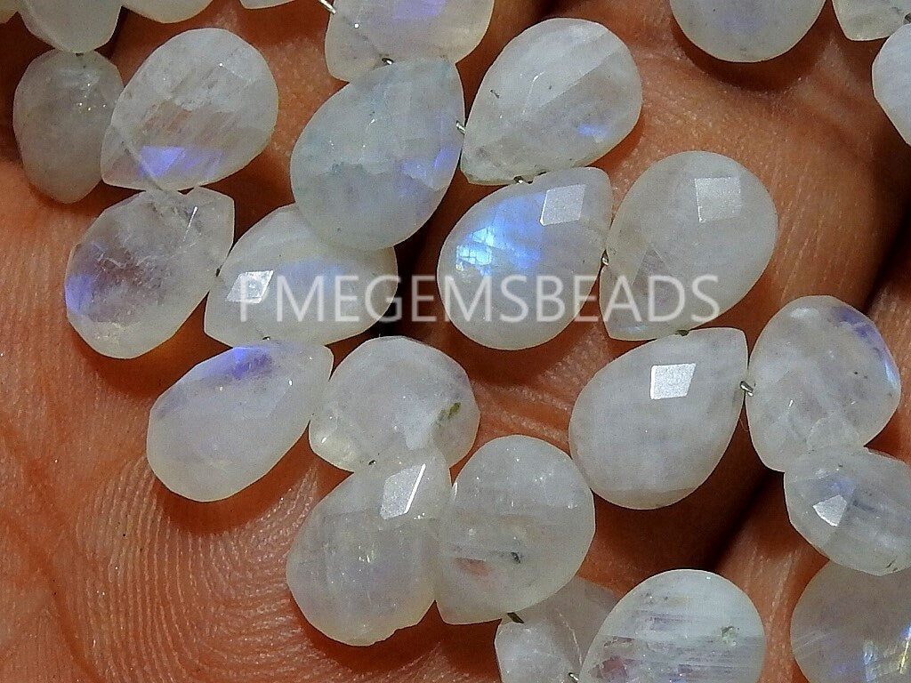 White Rainbow Moonstone Faceted Drop Beads, 10x7mm Multi Fire Teardrop Loose Stones, 8 Inch Strand for Handmade Jewelry and Wire Wrapping