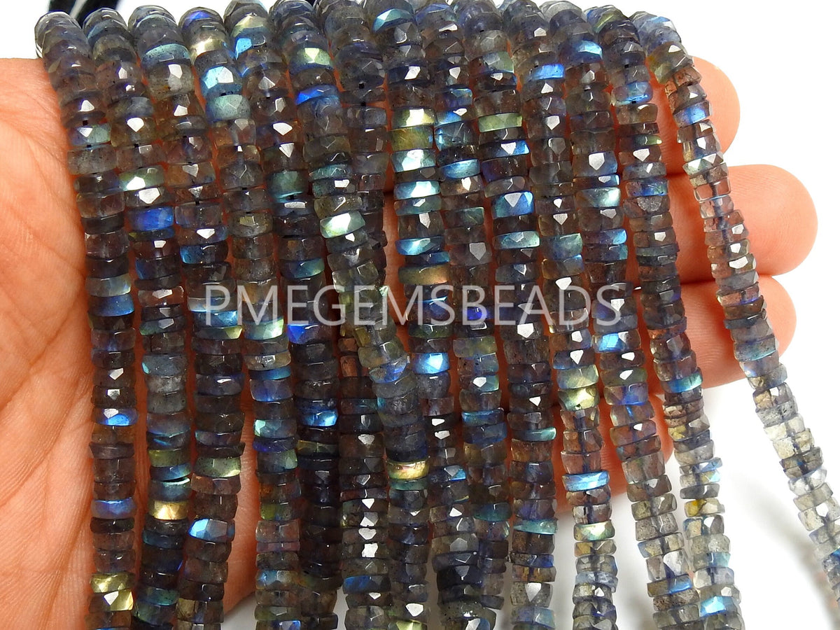 Labradorite Faceted Coin Bead Tire Wire Button Flashy Fire Gemstone Strand 8 Inch