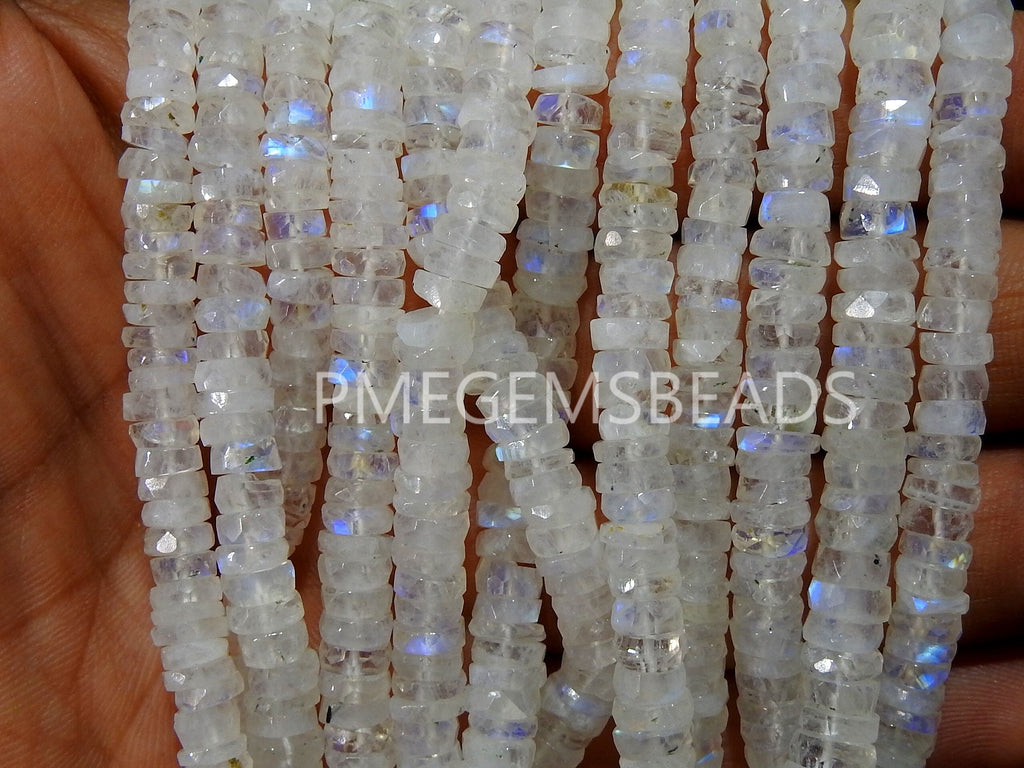 6mm White Rainbow Moonstone Multi Flashy Fire Faceted Tire Bead, 8" Strand Coin Button Shape Natural Gemstone Jewelry Making PME-T4