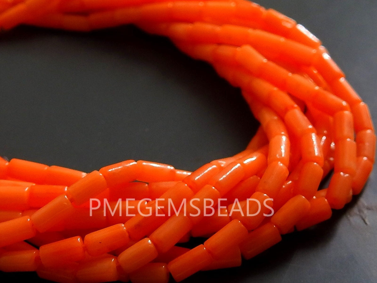 Orange Coral Beads Smooth Polished Tube Cylinder Shape 15 Inch Strand 4x2mm Loose Stone Spacer for Necklace Bracelet Making Supplies