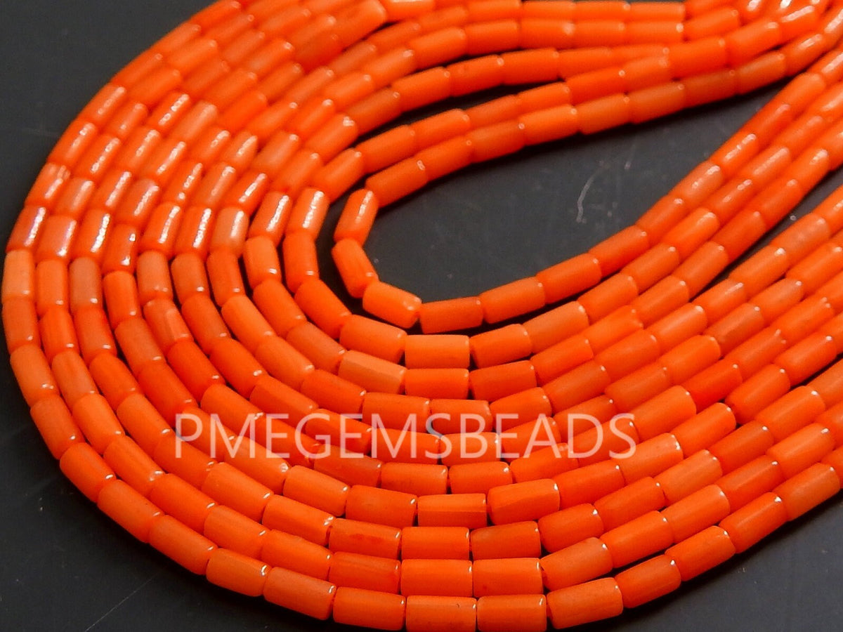 Orange Coral Beads Smooth Polished Tube Cylinder Shape 15 Inch Strand 4x2mm Loose Stone Spacer for Necklace Bracelet Making Supplies