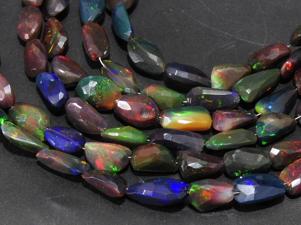 Faceted Ethiopian Black Opal Bead Strand, Multi Fire Black Opal Nugget Beads, Natural Precious Opal Rondell for Jewelry Making, 8-inch