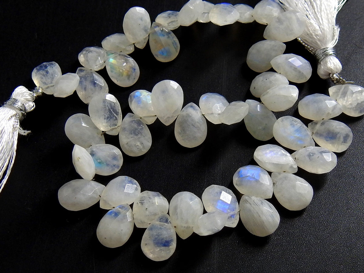 White Rainbow Moonstone Faceted Drop Beads, 10x7mm Multi Fire Teardrop Loose Stones, 8 Inch Strand for Handmade Jewelry and Wire Wrapping