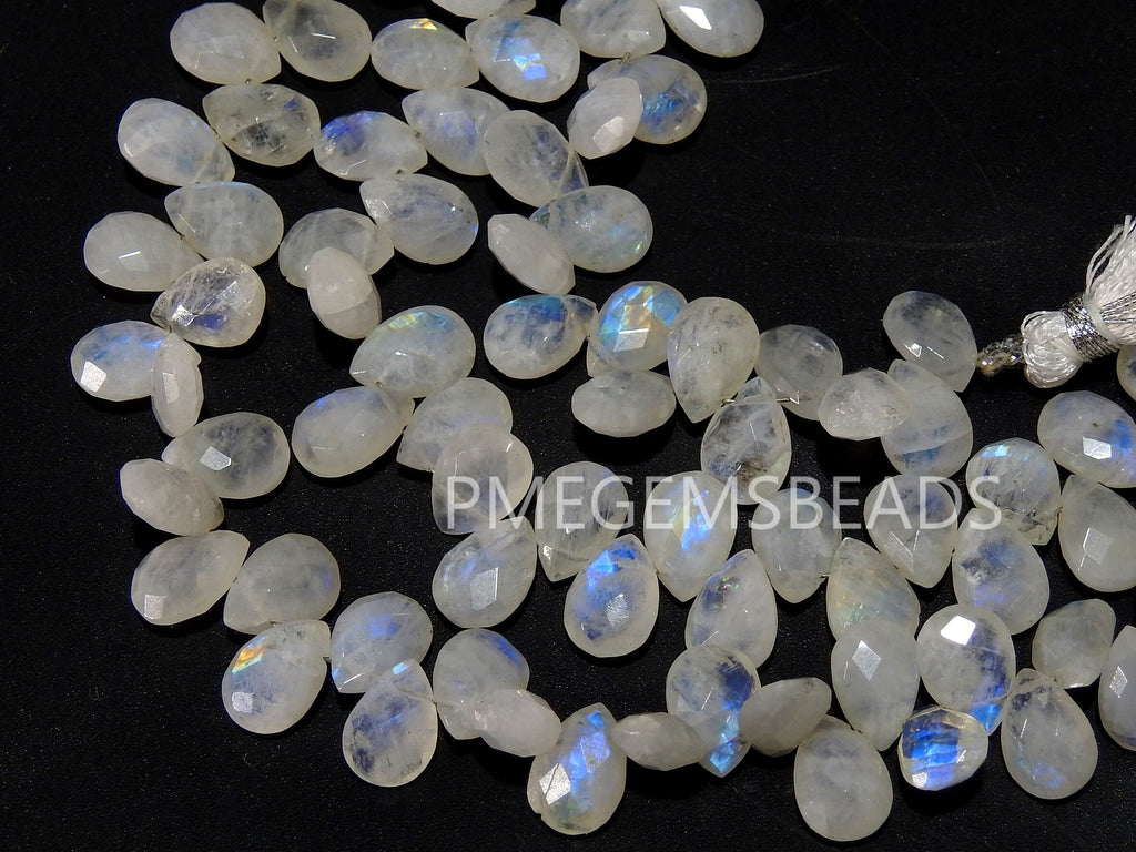 White Rainbow Moonstone Faceted Drop Beads, 10x7mm Multi Fire Teardrop Loose Stones, 8 Inch Strand for Handmade Jewelry and Wire Wrapping