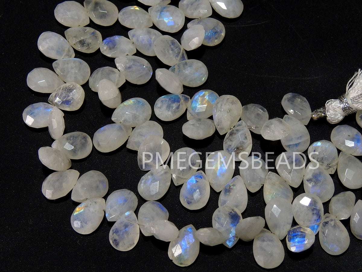 White Rainbow Moonstone Faceted Drop Beads, 10x7mm Multi Fire Teardrop Loose Stones, 8 Inch Strand for Handmade Jewelry and Wire Wrapping