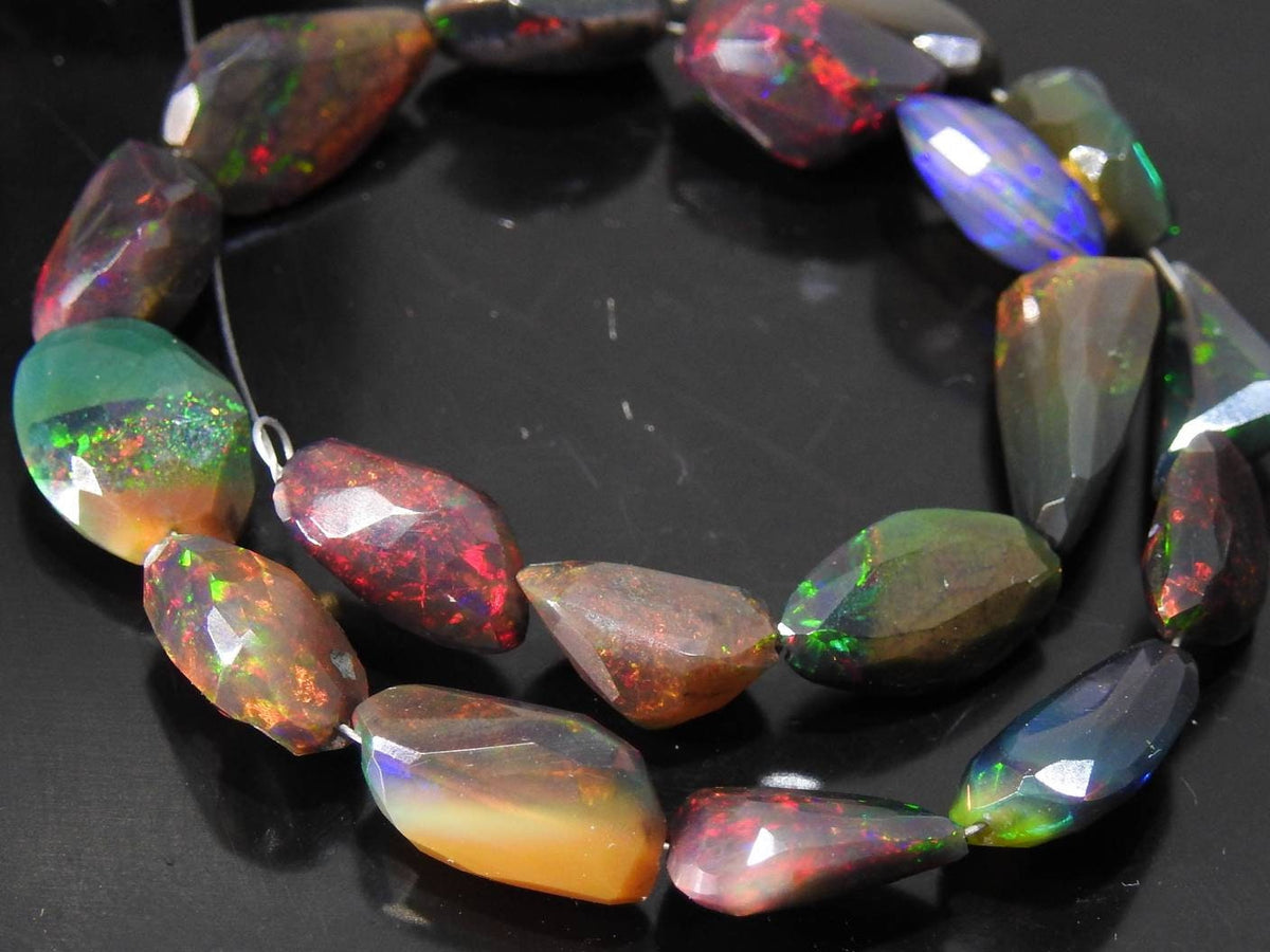 Faceted Ethiopian Black Opal Bead Strand, Multi Fire Black Opal Nugget Beads, Natural Precious Opal Rondell for Jewelry Making, 8-inch