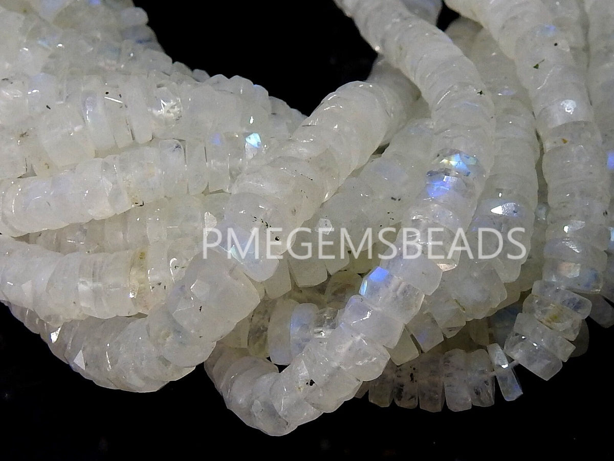6mm White Rainbow Moonstone Multi Flashy Fire Faceted Tire Bead, 8" Strand Coin Button Shape Natural Gemstone Jewelry Making PME-T4