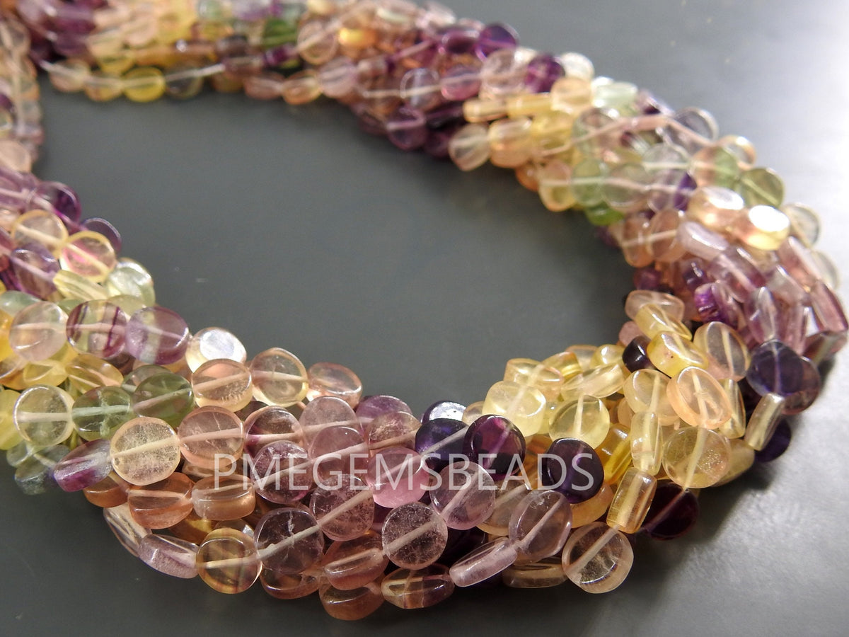 Natural Multi Fluorite Smooth Coin Button Bead 16Inches Strand 6MM, Handmade Loose Stone, Rainbow Fluorite Disc Beads, Jewelry Making Supply