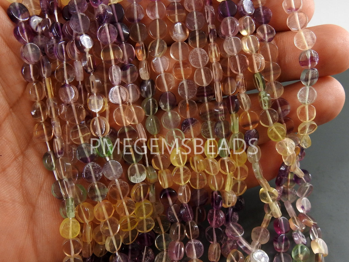 Natural Multi Fluorite Smooth Coin Button Bead 16Inches Strand 6MM, Handmade Loose Stone, Rainbow Fluorite Disc Beads, Jewelry Making Supply