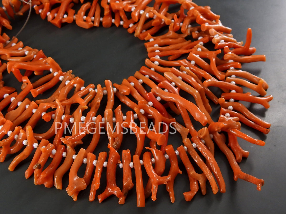 Natural Orange Coral Sticks, Raw Mediterranean Sea Branch Spikes, 16" Strand, Genuine Precious Gemstone, Red Jewelry Making Supply