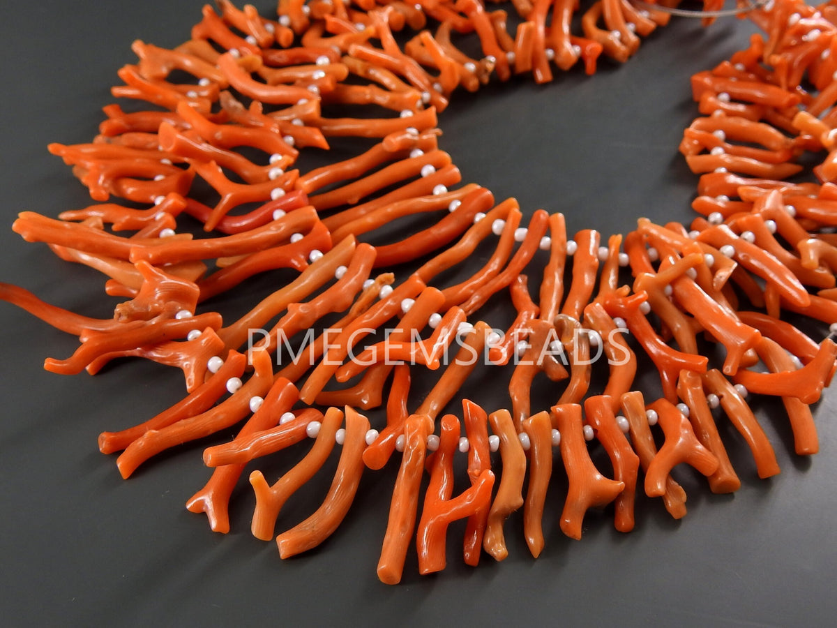 Natural Orange Coral Sticks, Raw Mediterranean Sea Branch Spikes, 16" Strand, Genuine Precious Gemstone, Red Jewelry Making Supply
