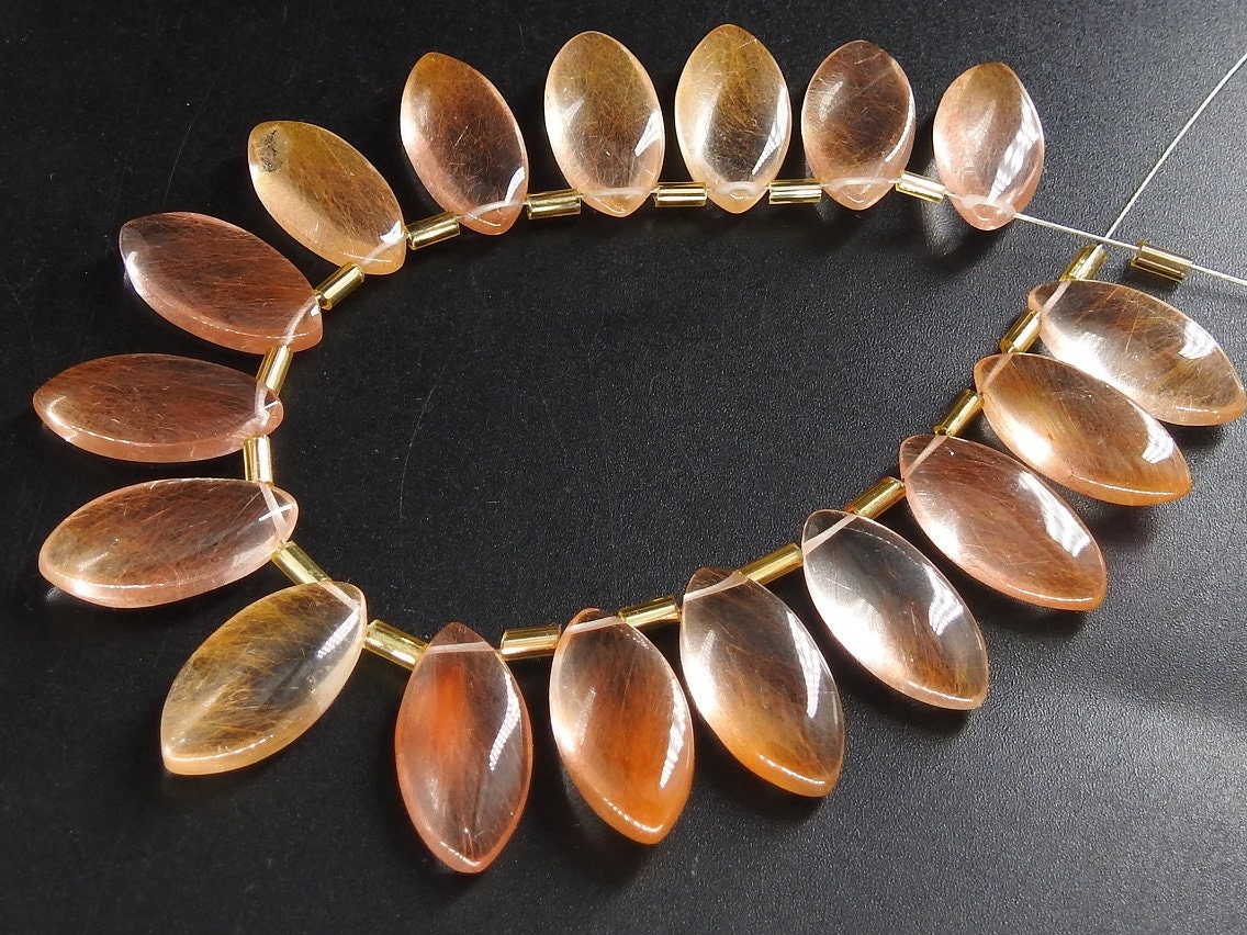 2Pcs Golden Rutilated Quartz Marquise Briolettes | Top Side Drilled 20x10mm Smooth Polished Gemstone Beads Pair | Jewelry Making Supplies