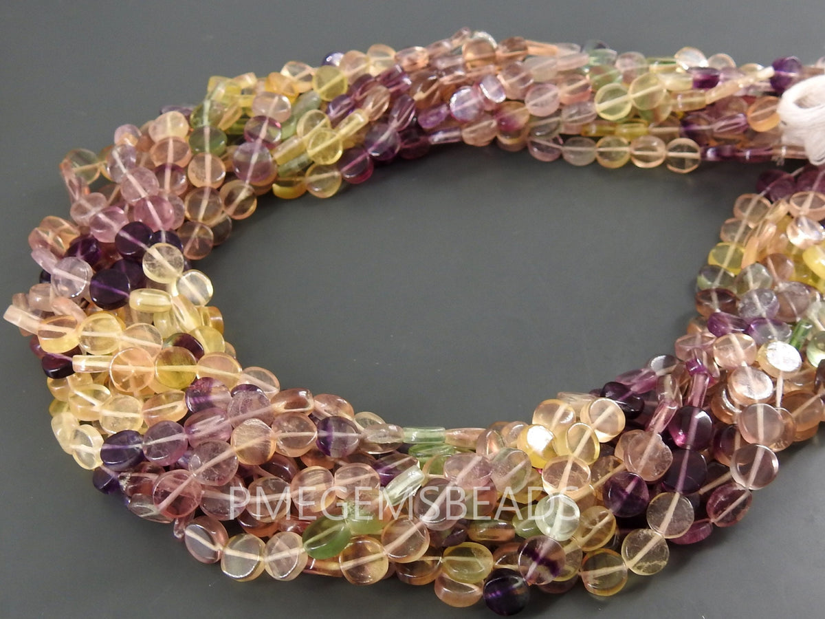 Natural Multi Fluorite Smooth Coin Button Bead 16Inches Strand 6MM, Handmade Loose Stone, Rainbow Fluorite Disc Beads, Jewelry Making Supply