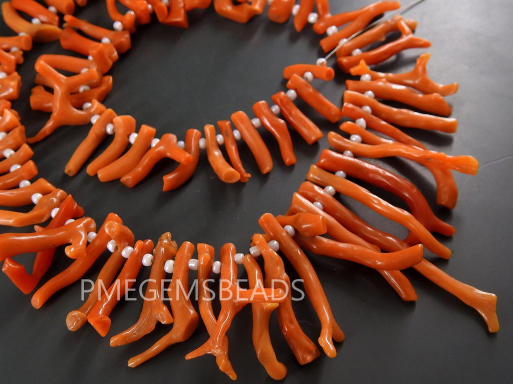 Natural Orange Coral Sticks, Raw Mediterranean Sea Branch Spikes, 16" Strand, Genuine Precious Gemstone, Red Jewelry Making Supply