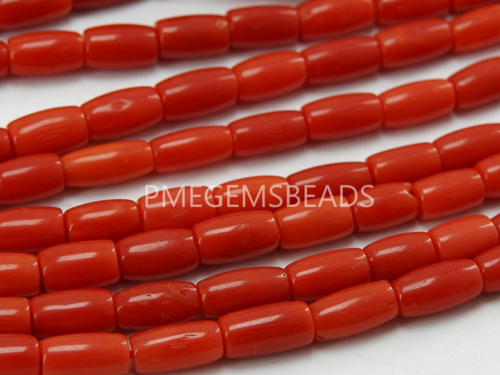 Natural Red Coral Smooth Polished Barrel Beads 7x4mm to 5x4mm 16 Inch Strand Loose Gemstone for Handmade Jewelry Making