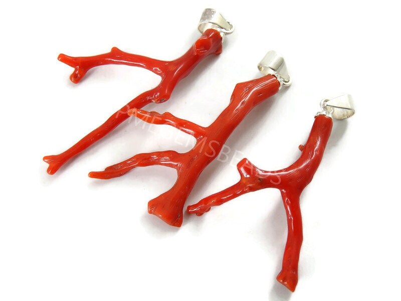 Italian Red Coral Pendant, Sterling Silver Rough Stick Gemstone 25-30mm, Natural Branch Coral Necklace Charm, Handmade Jewelry Gift