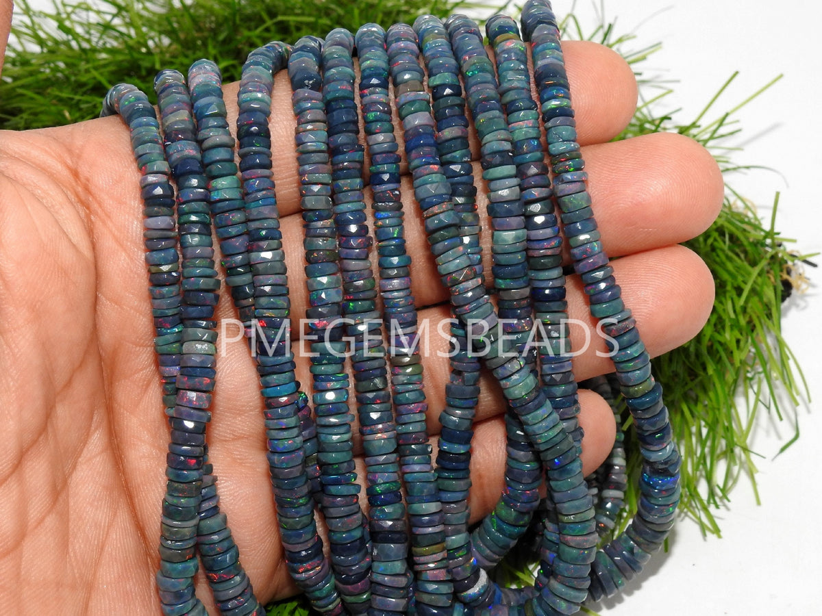 Natural Black Ethiopian Opal Tire Beads 18 Inch Strand Multi Fire Opal Smooth Rondell Bead 4mm to 7mm Loose Gemstone for Jewelry Making