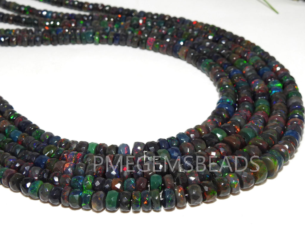 Natural Black Ethiopian Opal Faceted Rondelle Beads, Multi Fire Precious Welo Opal 10 Inch Strand, 4-7mm Loose Gemstone for Jewelry Making