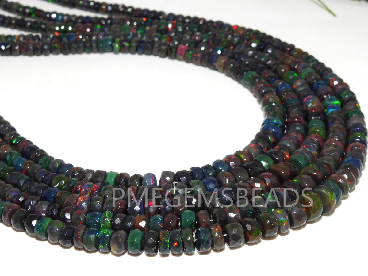 Natural Black Ethiopian Opal Faceted Rondelle Beads, Multi Fire Precious Welo Opal 10 Inch Strand, 4-7mm Loose Gemstone for Jewelry Making