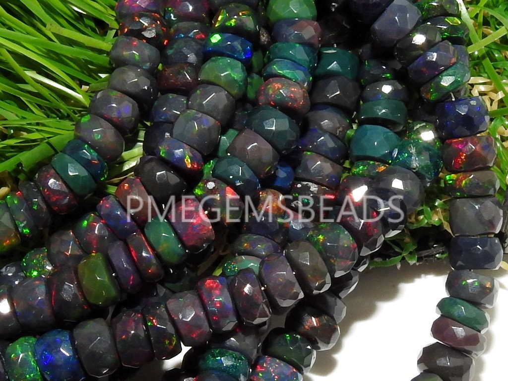Natural Black Ethiopian Opal Faceted Rondelle Beads, Multi Fire Precious Welo Opal 10 Inch Strand, 4-7mm Loose Gemstone for Jewelry Making