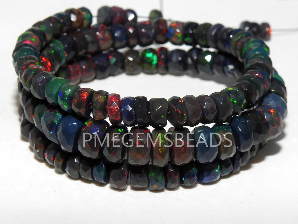 Natural Black Ethiopian Opal Faceted Rondelle Beads, Multi Fire Precious Welo Opal 10 Inch Strand, 4-7mm Loose Gemstone for Jewelry Making