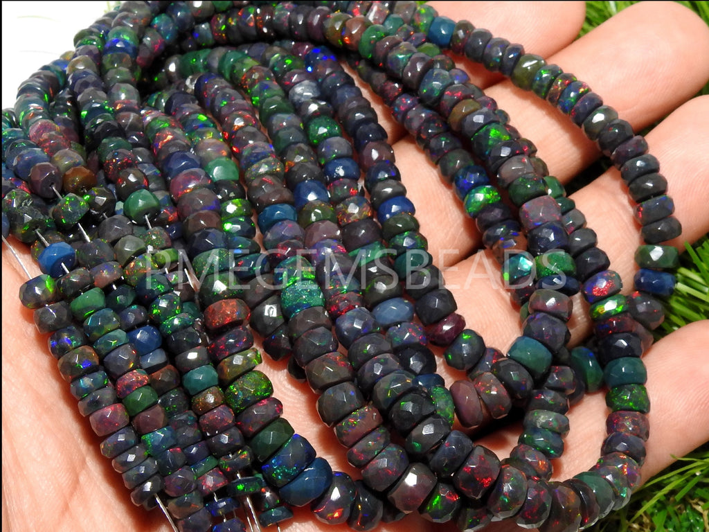 Natural Black Ethiopian Opal Faceted Rondelle Beads, Multi Fire Precious Welo Opal 10 Inch Strand, 4-7mm Loose Gemstone for Jewelry Making
