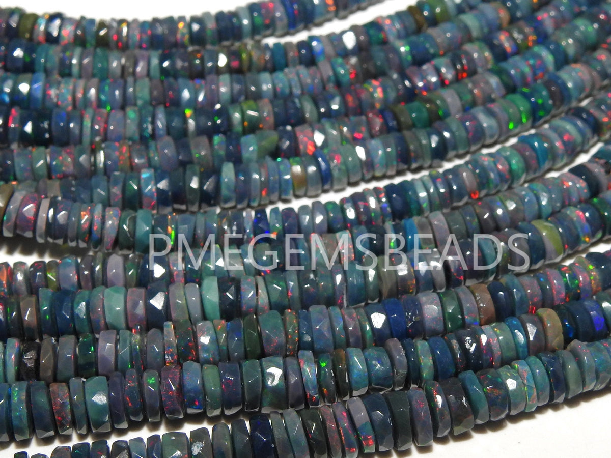 Natural Black Ethiopian Opal Tire Beads 18 Inch Strand Multi Fire Opal Smooth Rondell Bead 4mm to 7mm Loose Gemstone for Jewelry Making
