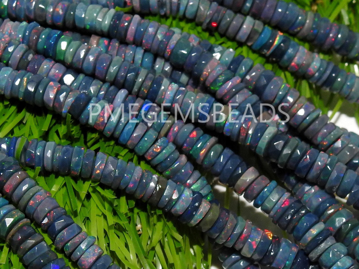 Natural Black Ethiopian Opal Tire Beads 18 Inch Strand Multi Fire Opal Smooth Rondell Bead 4mm to 7mm Loose Gemstone for Jewelry Making