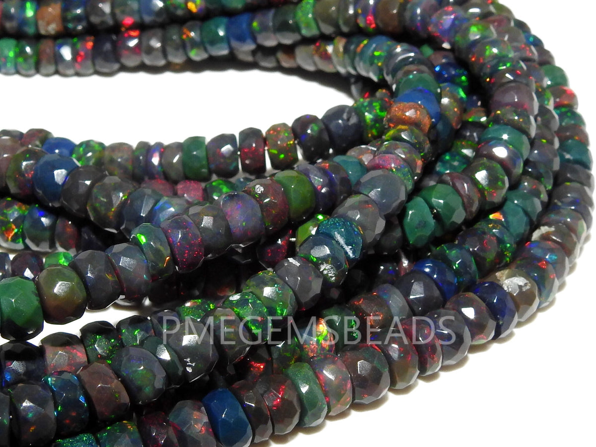 Natural Black Ethiopian Opal Faceted Rondelle Beads, Multi Fire Precious Welo Opal 10 Inch Strand, 4-7mm Loose Gemstone for Jewelry Making