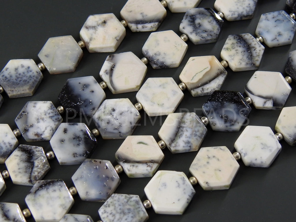 Natural Dendrite Opal Faceted Hexagon Beads, 14 Piece Strand 8x8mm to 10x10mm, Merlinite Geometric Gemstones for Jewelry Supplies Wholesaler