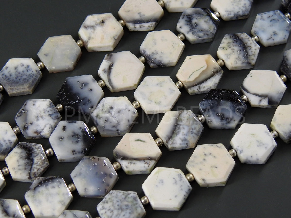 Natural Dendrite Opal Faceted Hexagon Beads, 14 Piece Strand 8x8mm to 10x10mm, Merlinite Geometric Gemstones for Jewelry Supplies Wholesaler