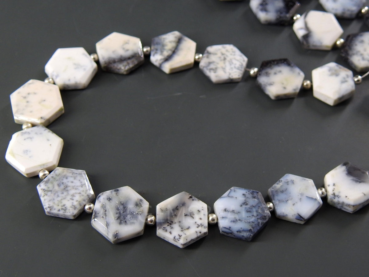 Natural Dendrite Opal Faceted Hexagon Beads, 14 Piece Strand 8x8mm to 10x10mm, Merlinite Geometric Gemstones for Jewelry Supplies Wholesaler