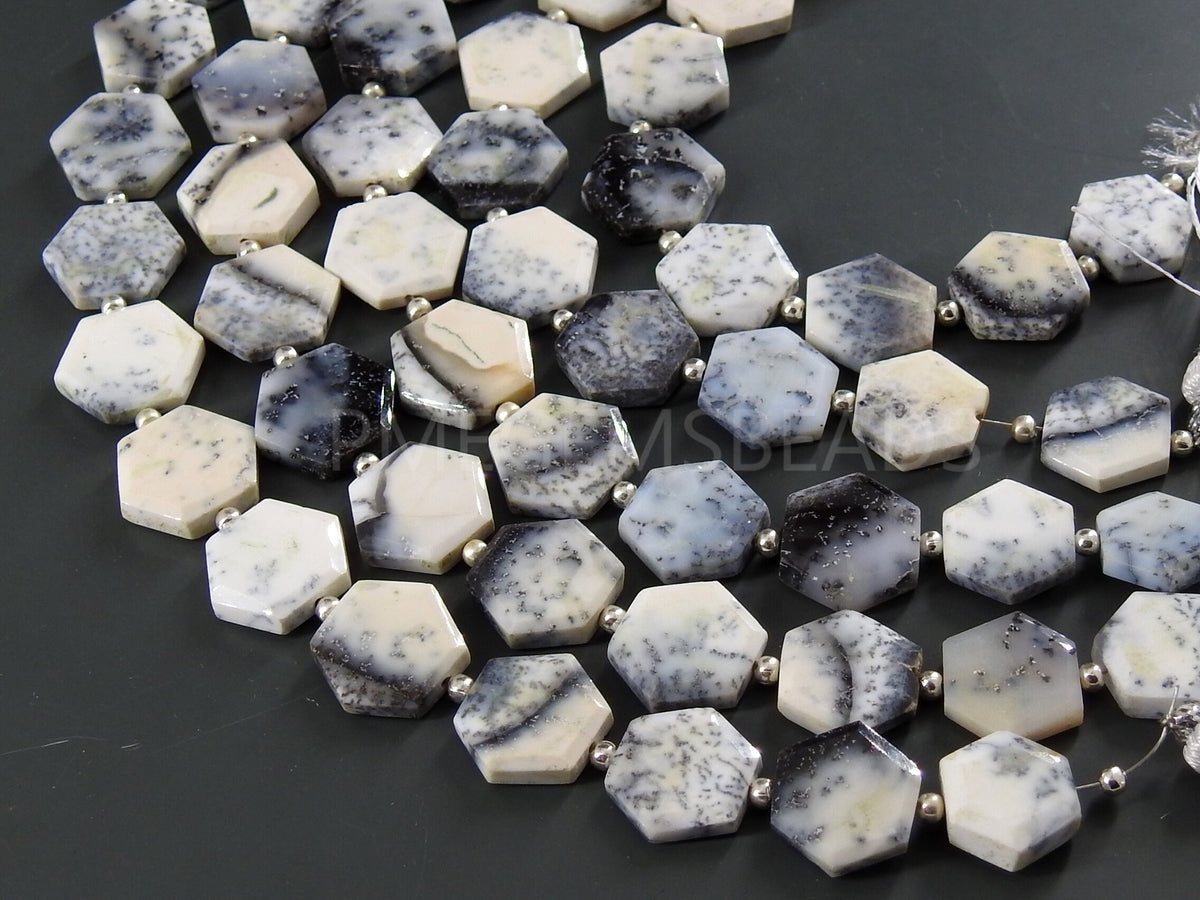 Natural Dendrite Opal Faceted Hexagon Beads, 14 Piece Strand 8x8mm to 10x10mm, Merlinite Geometric Gemstones for Jewelry Supplies Wholesaler