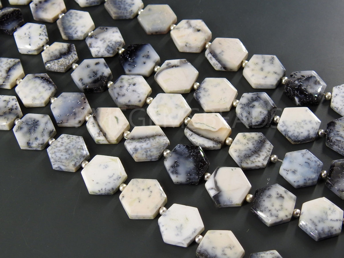 Natural Dendrite Opal Faceted Hexagon Beads, 14 Piece Strand 8x8mm to 10x10mm, Merlinite Geometric Gemstones for Jewelry Supplies Wholesaler