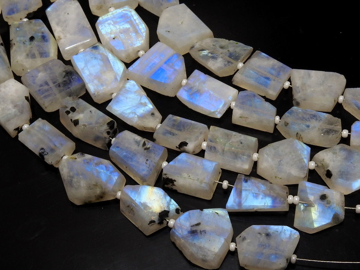 White Rainbow Moonstone Flashy Fire Faceted Flat Tumble Bead 8Inches Strand 16X12To12X9MM Natural Stone TU6