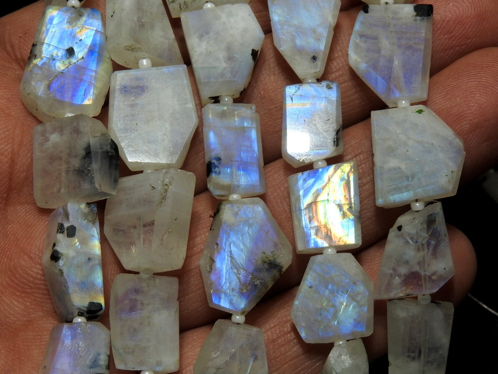White Rainbow Moonstone Flashy Fire Faceted Flat Tumble Bead 8Inches Strand 16X12To12X9MM Natural Stone TU6